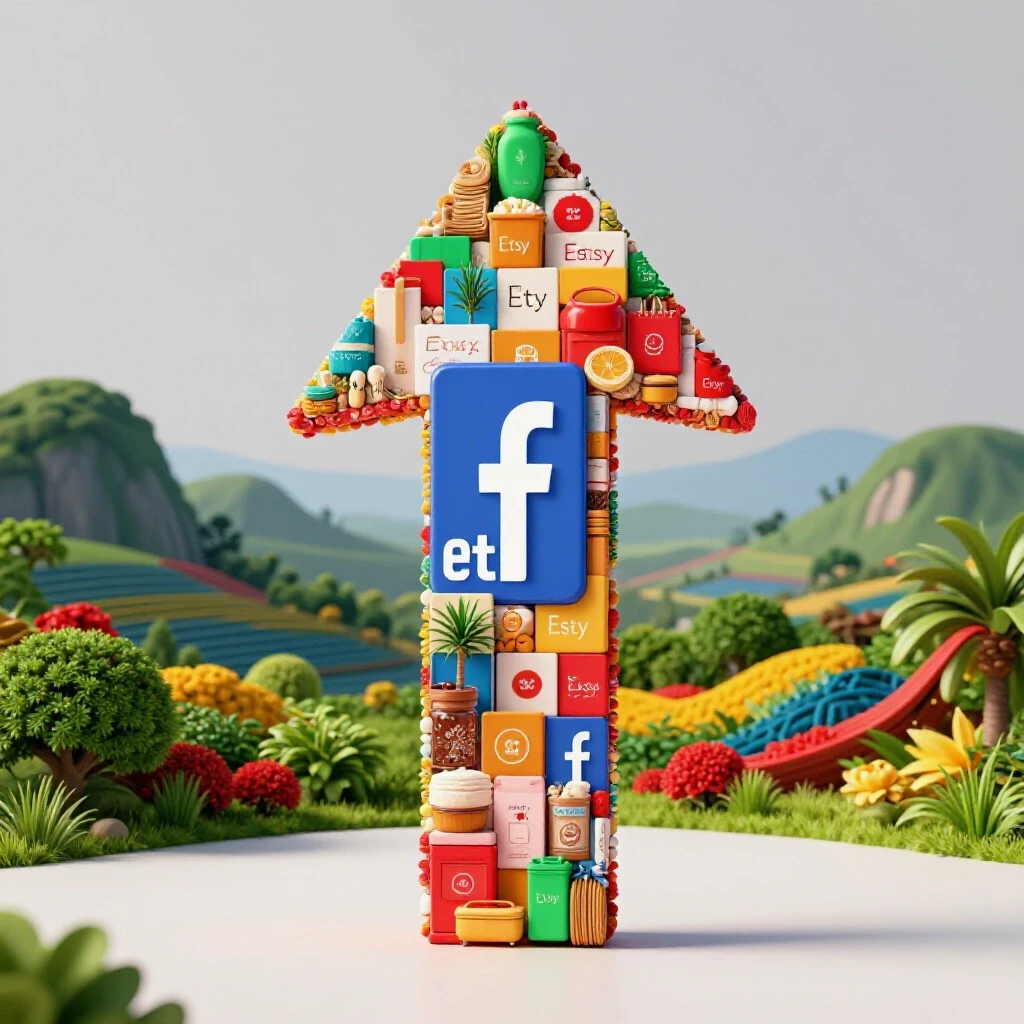 3D-rendered upward arrow made of colorful Etsy product images against a bright Philippine landscape background, symbolizing sales growth with Facebook Ads.