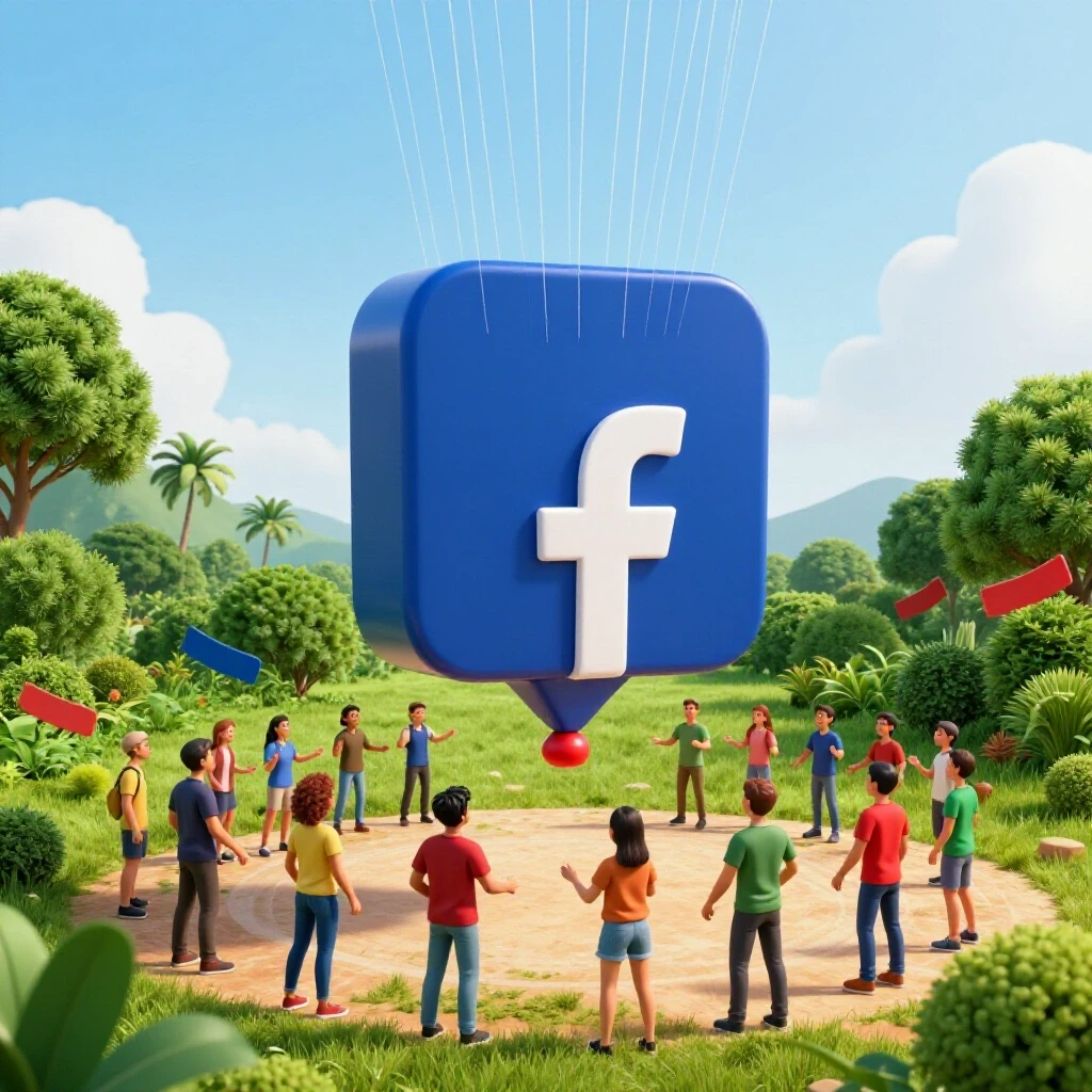 A giant Facebook logo balloon floats in a vibrant Philippine landscape, symbolizing social media marketing growth.