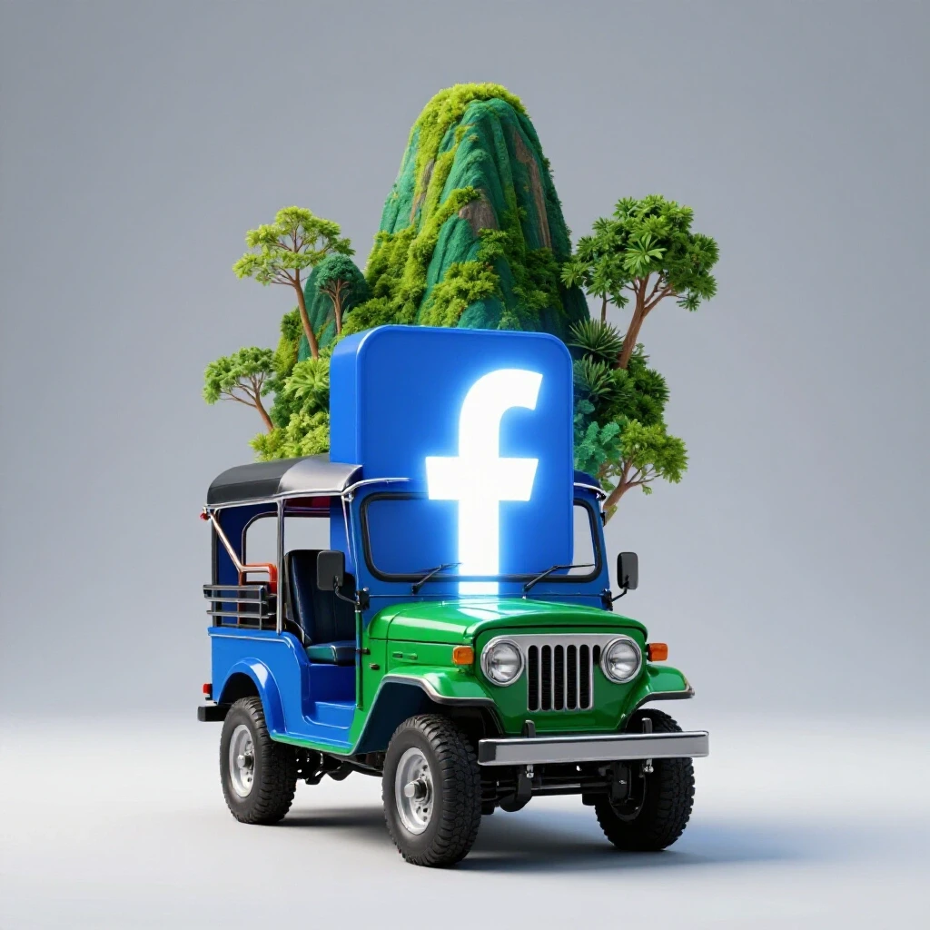 A vibrant jeepney in the Philippines showcasing a glowing Facebook logo, symbolizing modern advertising.