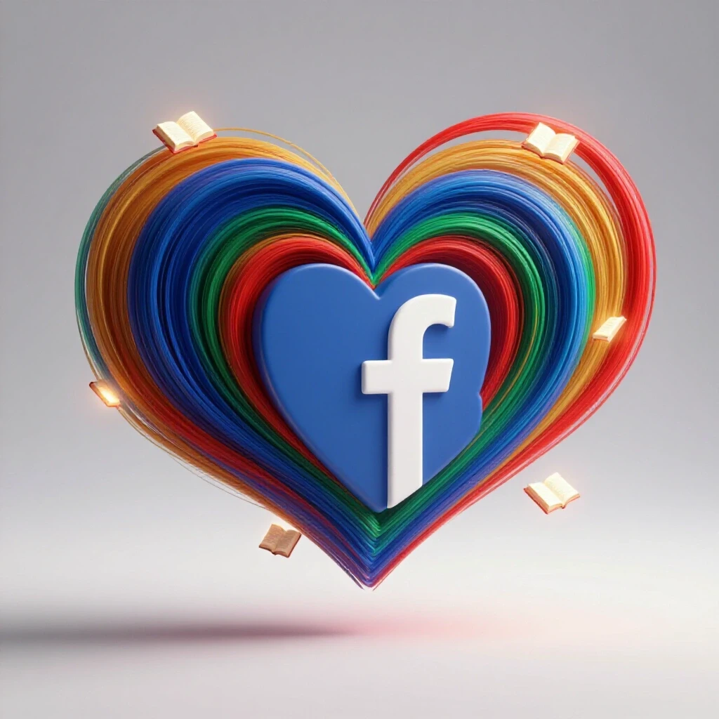 A heart-shaped Facebook logo surrounded by vibrant colors and glowing book icons representing romance literature.