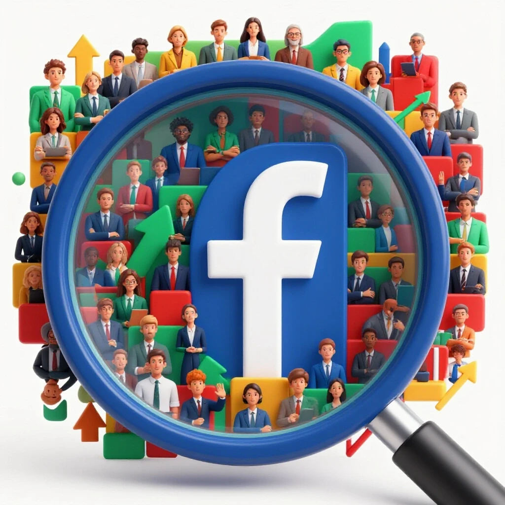 A vibrant Facebook logo as a magnifying glass focusing on diverse job seekers, representing recruitment success and growth.