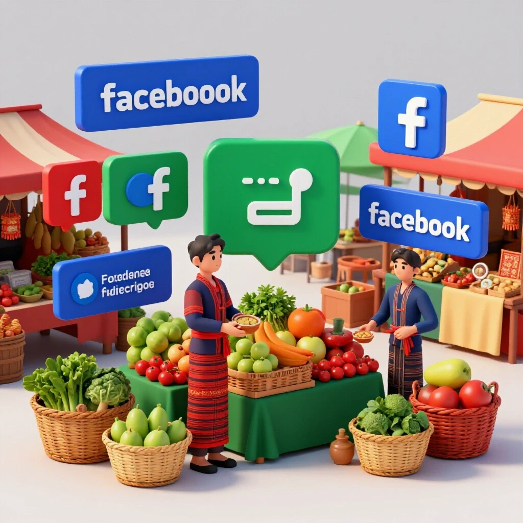 A vibrant Filipino market scene interwoven with modern Facebook ad banners, symbolizing growth opportunities in marketing.