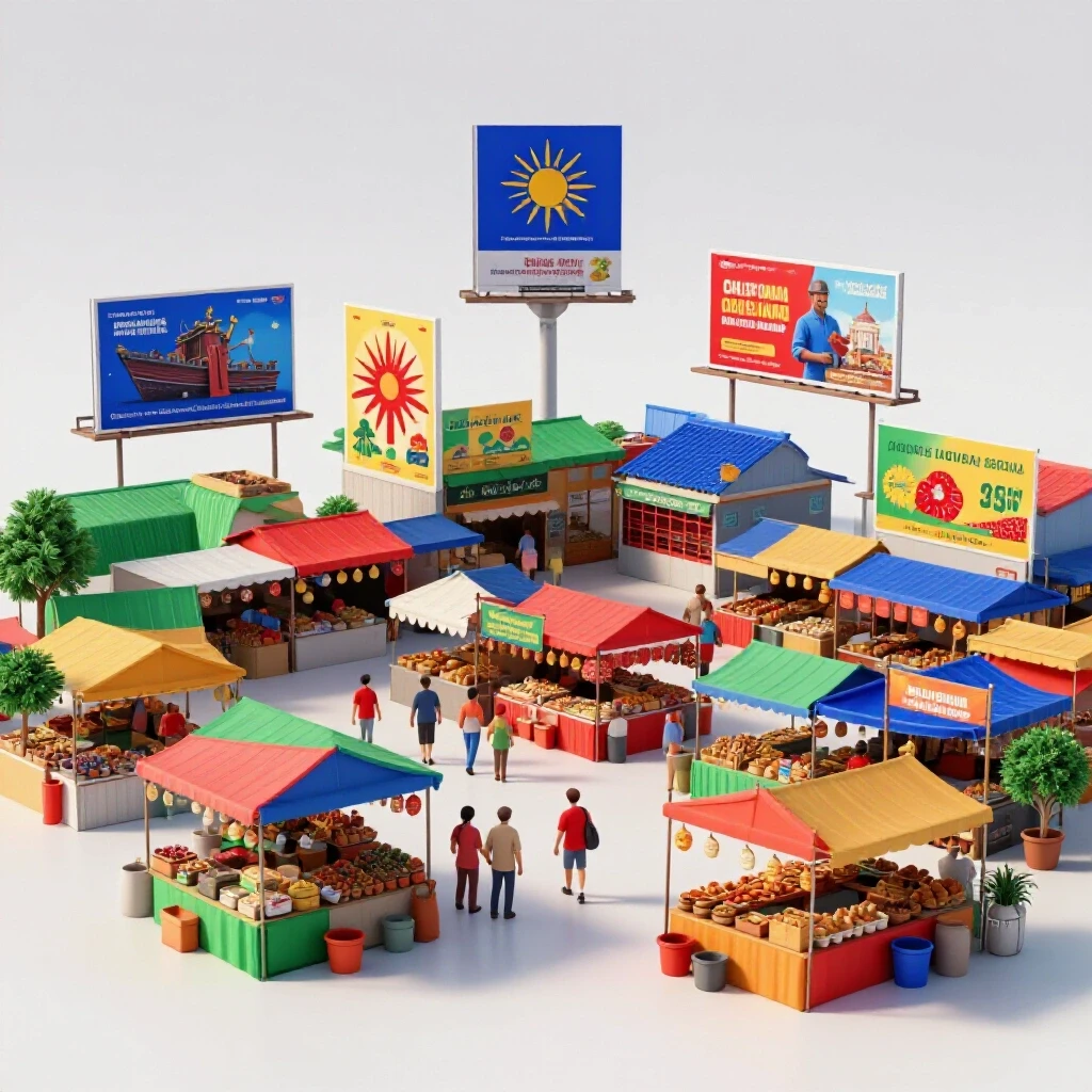 Vibrant Philippine market scene with integrated colorful ads, showcasing community engagement and tradition