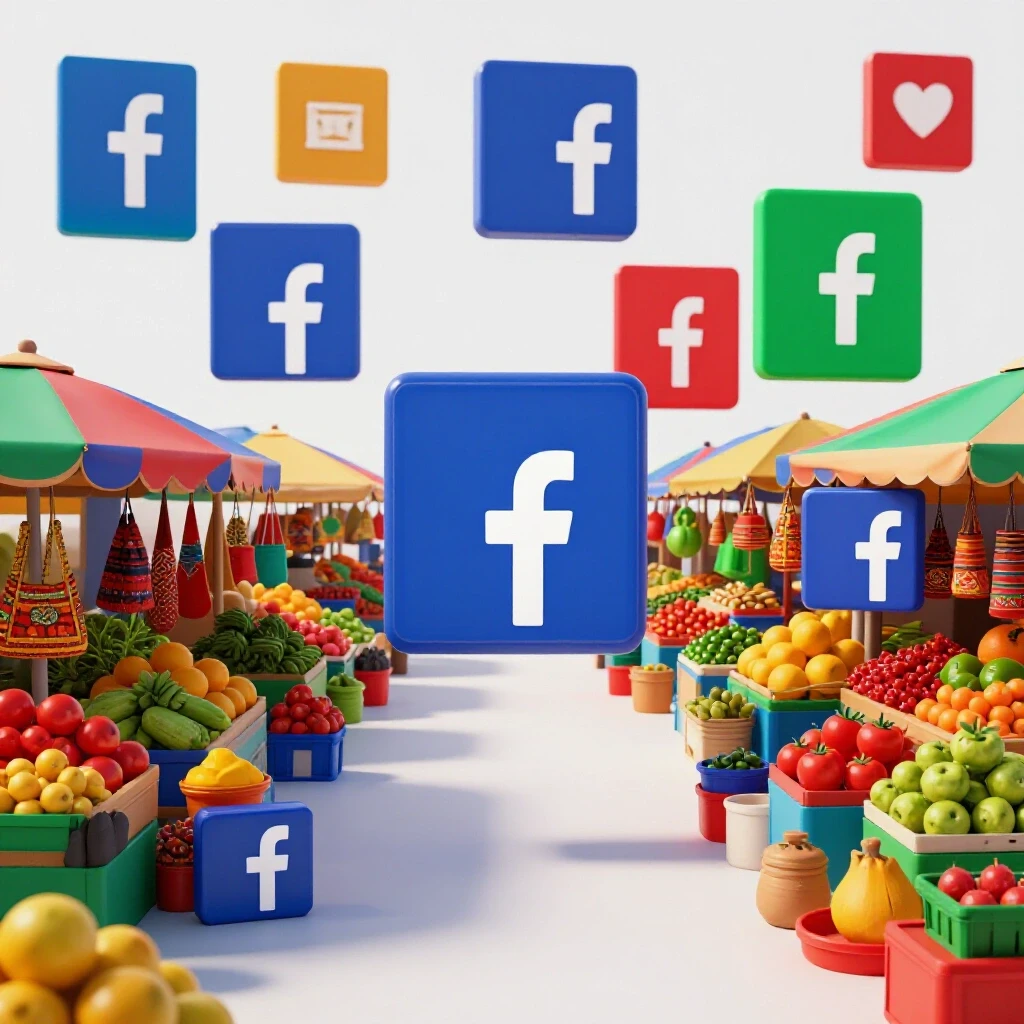 A colorful Filipino marketplace with vibrant produce and Facebook ad mockups showcasing digital marketing success.