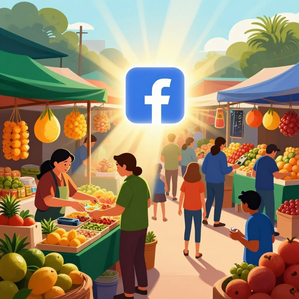 A vibrant Filipino market scene illuminated by a glowing Facebook logo, symbolizing business growth.