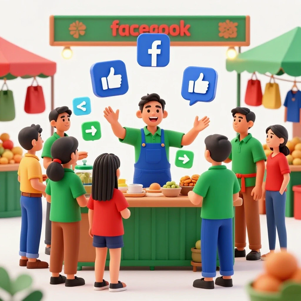 A joyful Filipino vendor interacts with diverse customers at a marketplace illustrating social media marketing success with Facebook Ads.