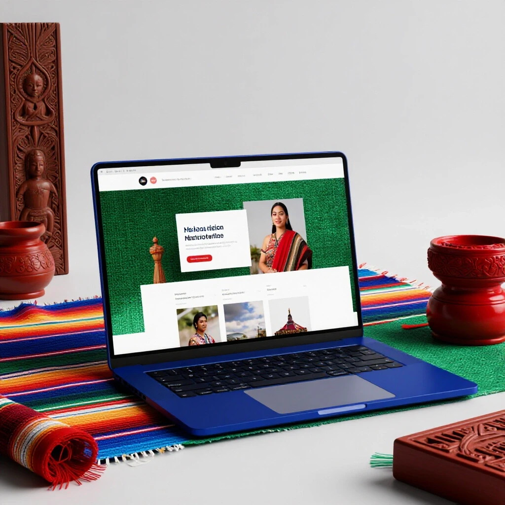 A laptop showcasing stunning web design in a vibrant Filipino cultural setting with rich colors and textures.