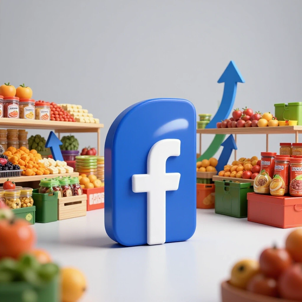 A colorful market scene with a large Facebook logo symbolizing growth for Filipino businesses.