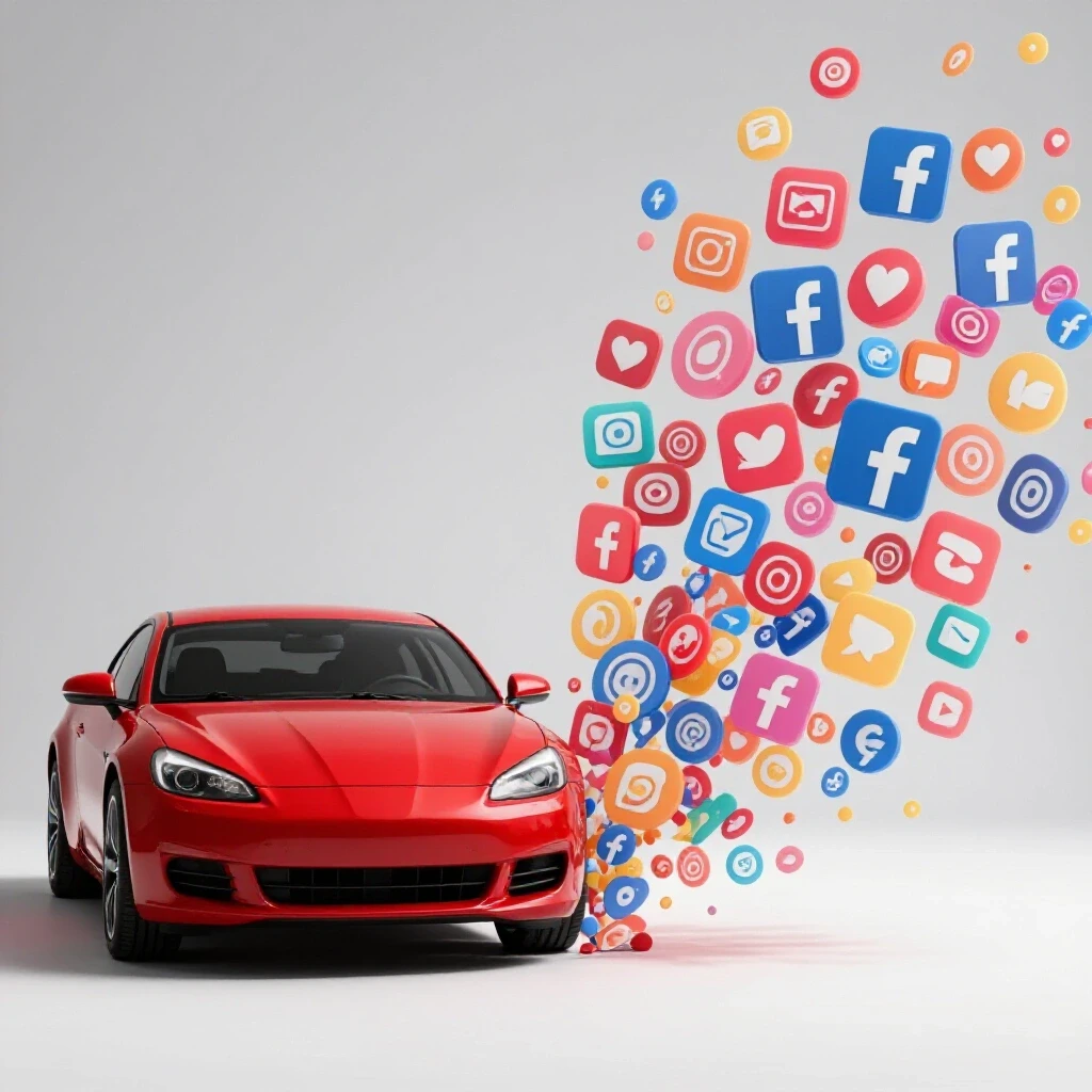 A vibrant split image featuring a glossy red car contrasted with colorful social media icons, emphasizing digital marketing for car sales.