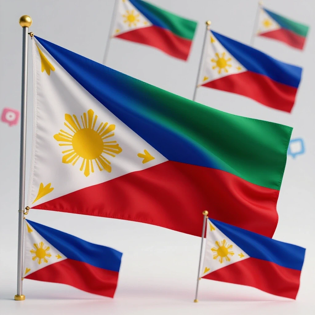 A split-screen image showcasing the vibrant colors of the Philippine flag alongside affordable BD images, with social media icons subtly integrated in the background.