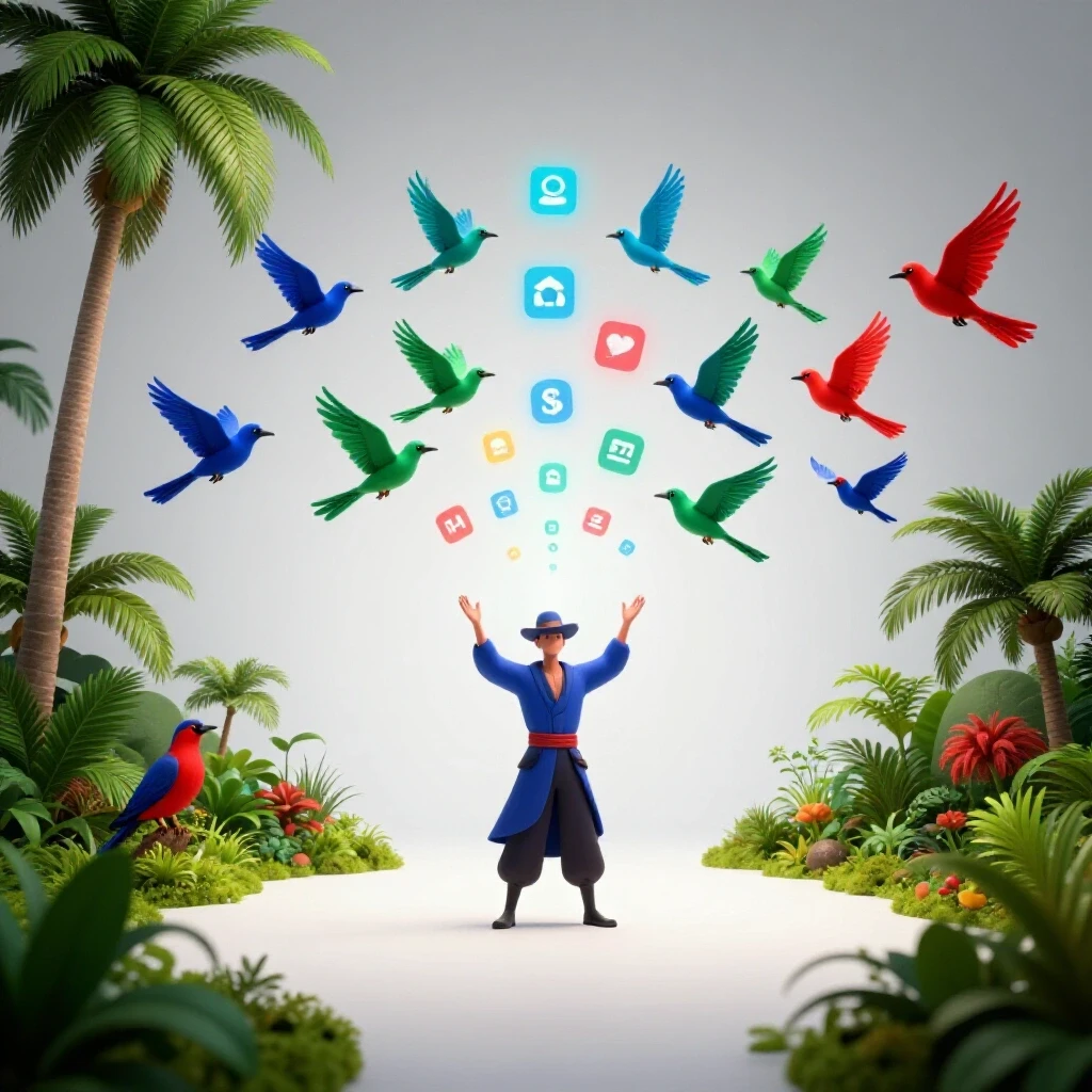 A vibrant tropical landscape in the Philippines with colorful birds transforming into digital icons.