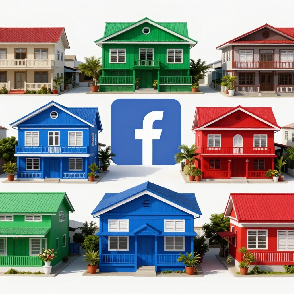 A vibrant neighborhood in the Philippines showcasing colorful homes and a subtle Facebook logo, emphasizing community and online advertising.