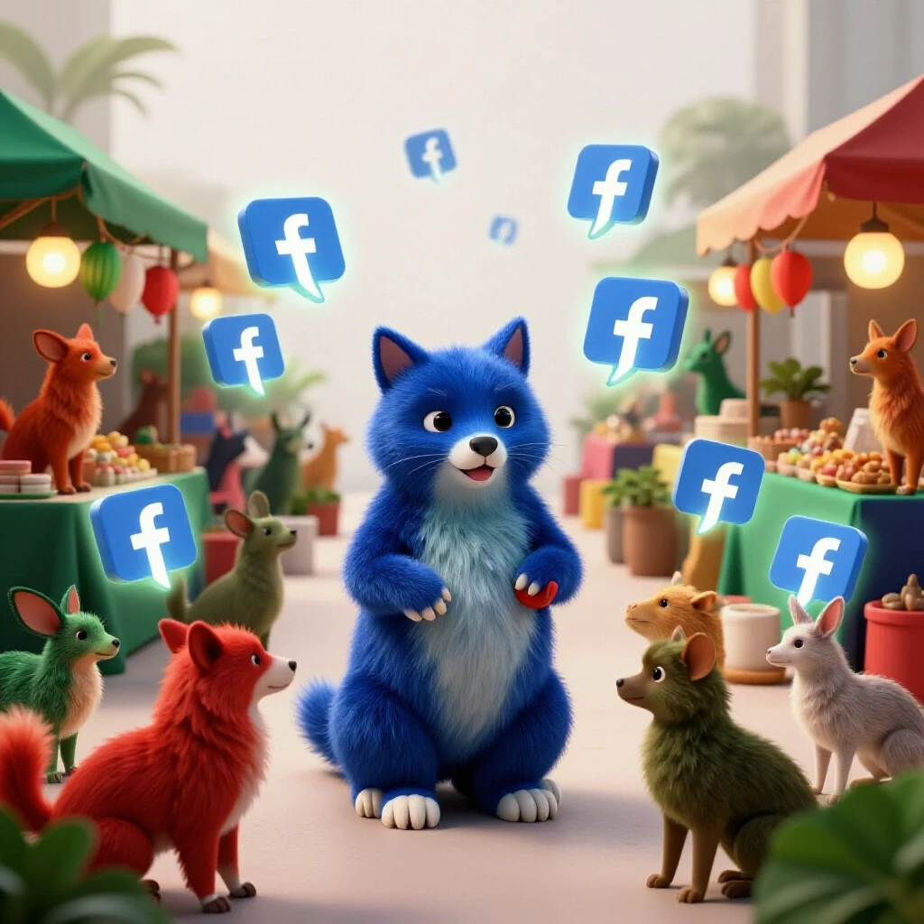 A colorful pet market scene featuring playful animals with glowing Facebook icons, symbolizing social media marketing.