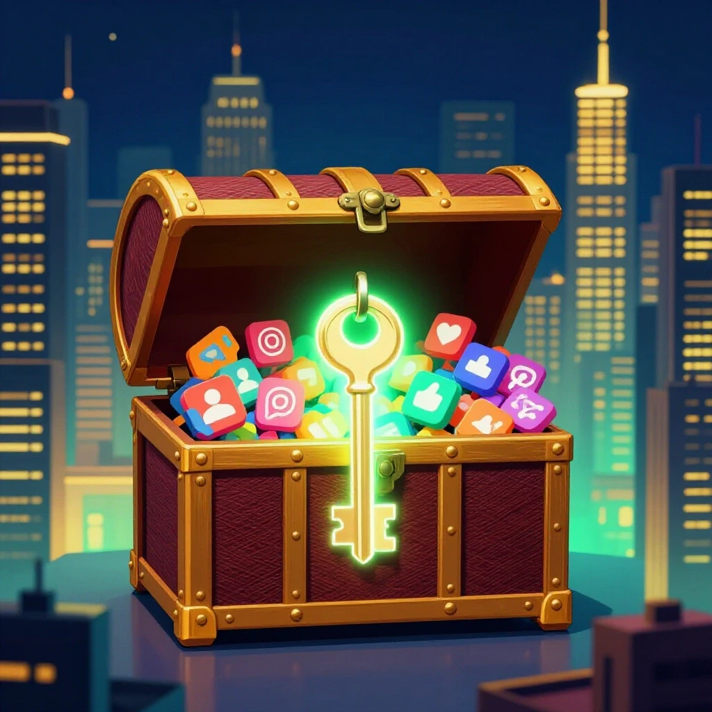 A glowing key unlocking a treasure chest filled with colorful social media icons set against a city skyline.