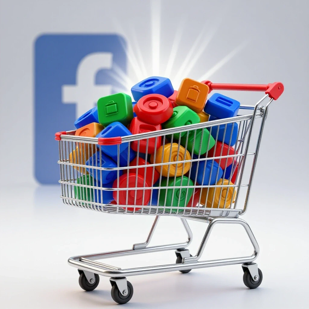 A vibrant shopping cart overflowing with colorful product icons against a bright background, symbolizing the link between Shopify sales and Facebook ads.