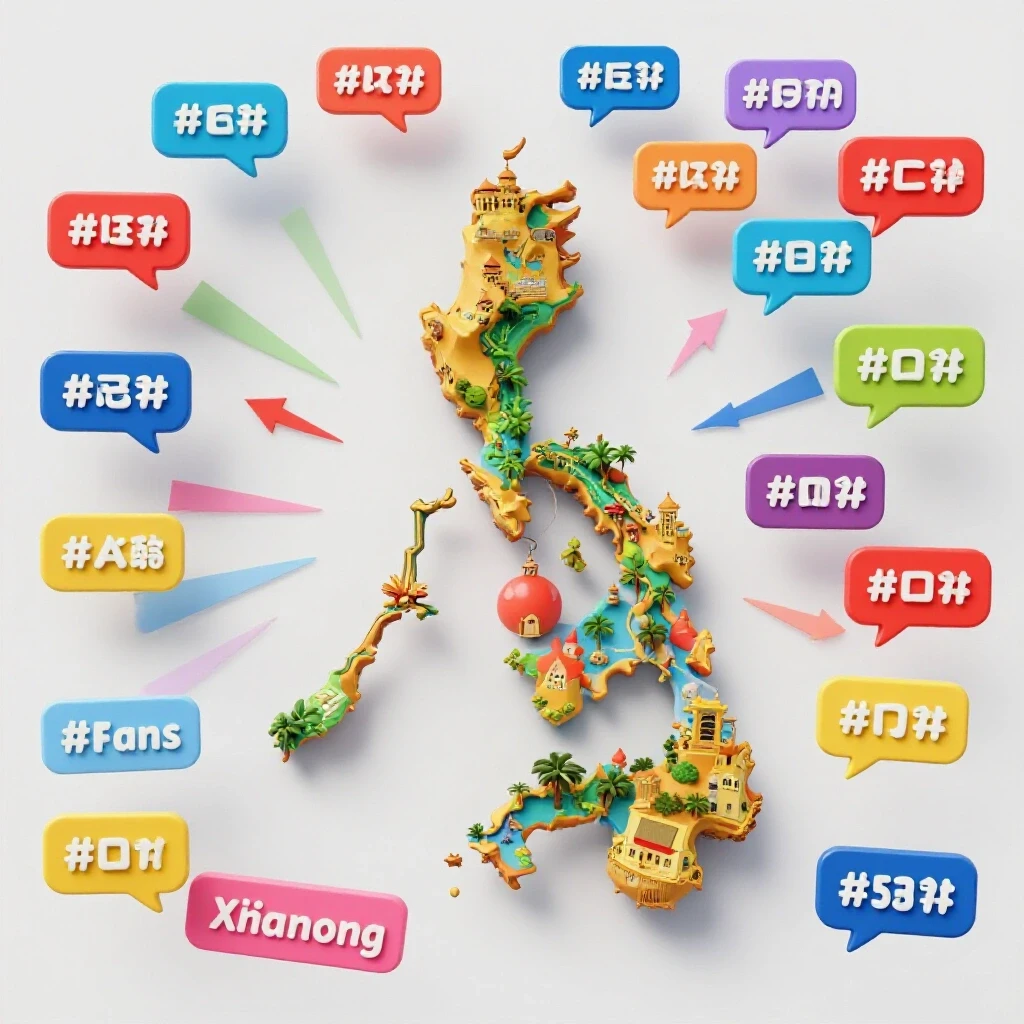 Vibrant map of the Philippines with arrows and colorful hashtags representing social media reach.