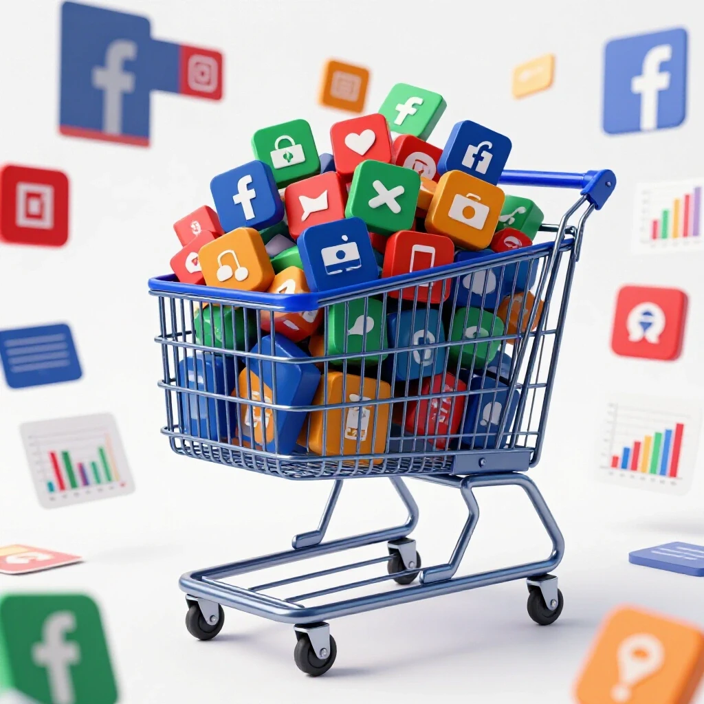 A vibrant shopping cart overflowing with digital product icons set against colorful Facebook ad mockups and analytics graphs.
