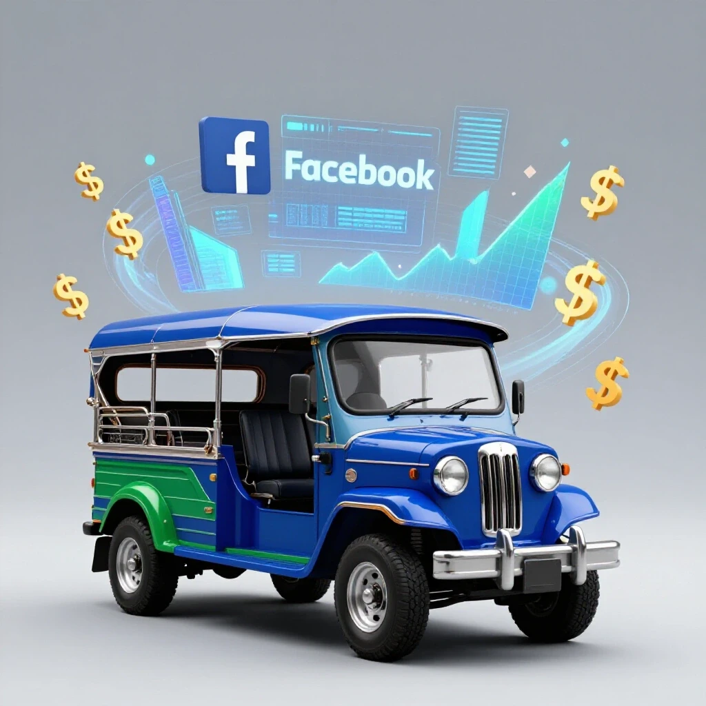 A vibrant Filipino jeepney as a digital billboard with swirling graphs and dollar signs, symbolizing Facebook ads sales.