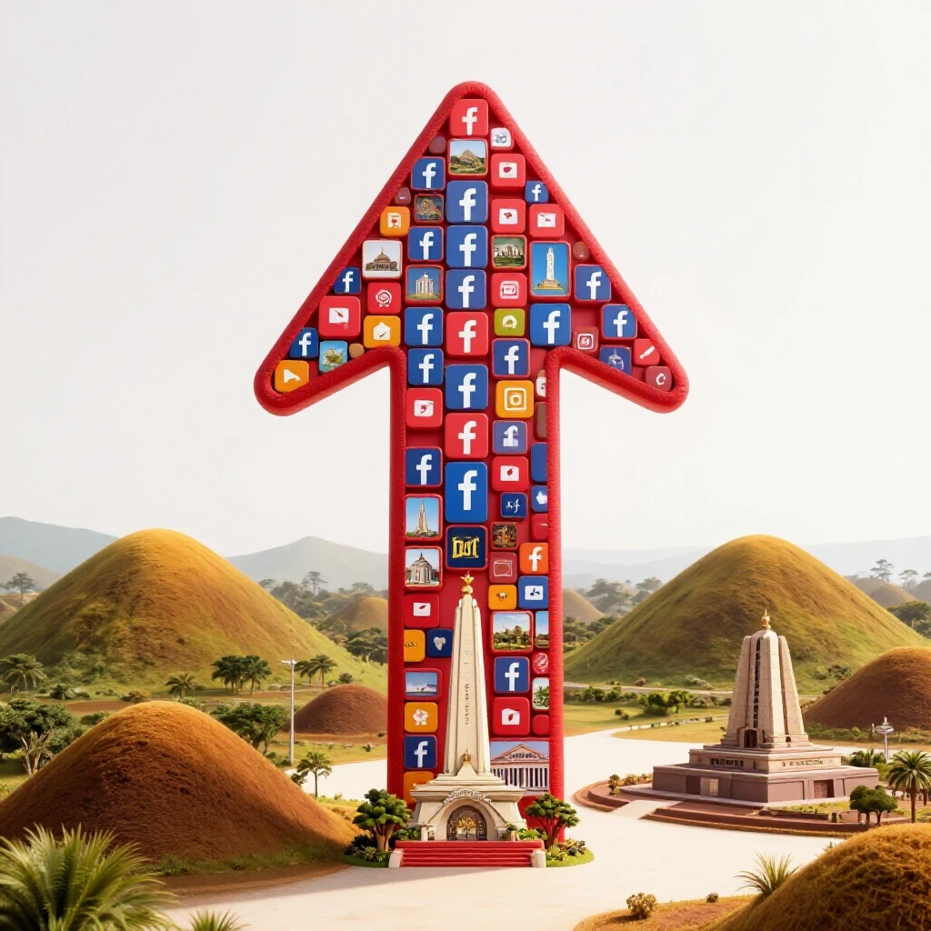 A vibrant upward arrow made of Facebook icons with images of Philippines landmarks, symbolizing sales growth.
