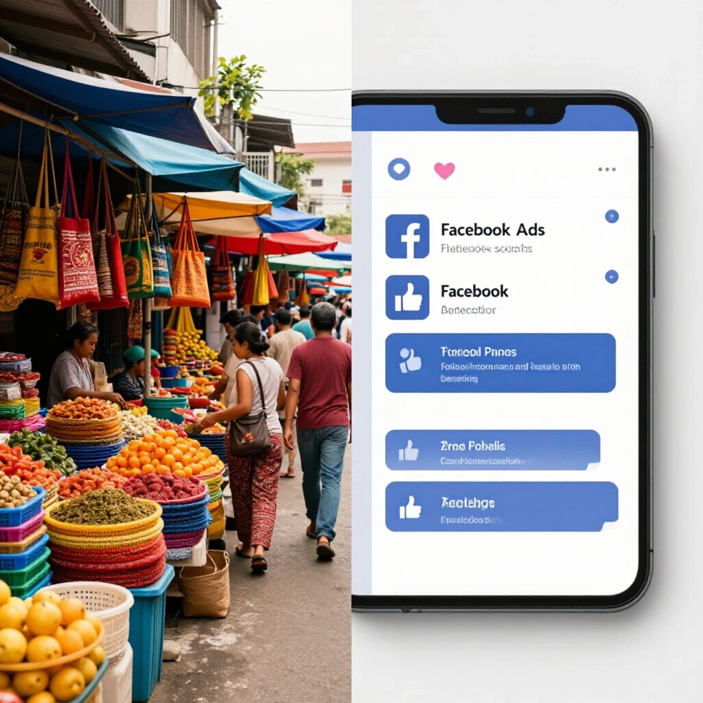 A vibrant split-screen showing a Filipino street market alongside a digital Facebook ads interface with metrics.