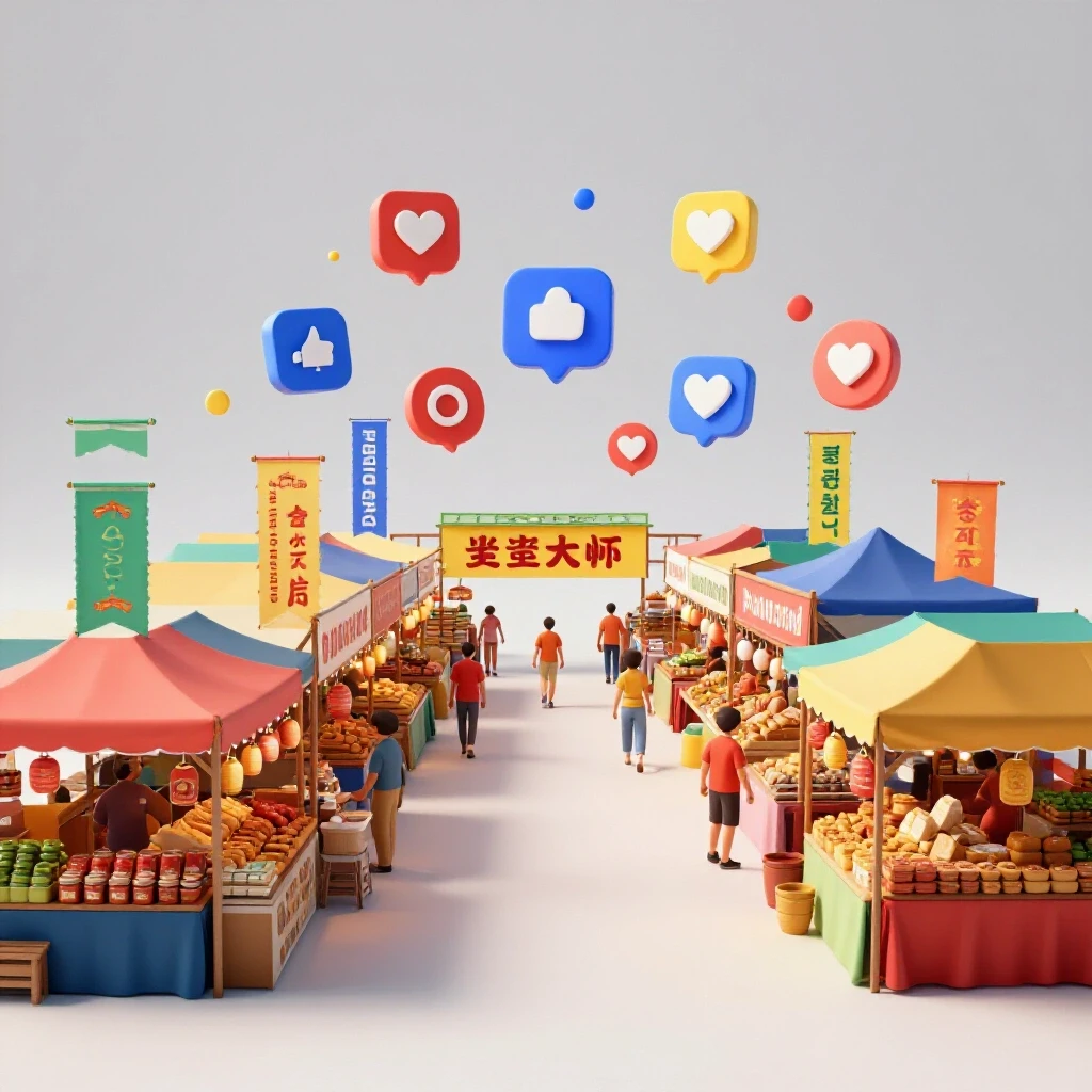Vibrant marketplace in the Philippines with colorful banners and floating social media icons representing digital engagement.