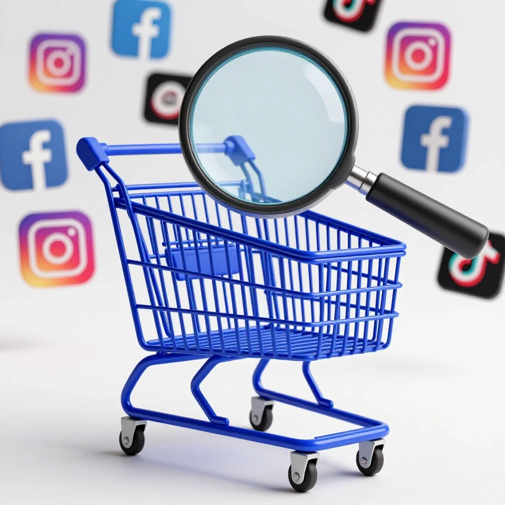 A magnifying glass focuses on a vibrant royal blue shopping cart, surrounded by fading social media icons, symbolizing retargeting success.