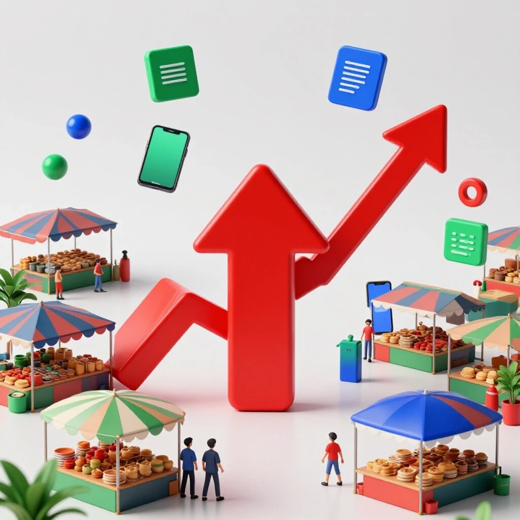 A dynamic marketplace scene with vibrant colors, featuring a red upward arrow and icons for digital transactions, symbolizing growth for Bangladeshi SMBs.