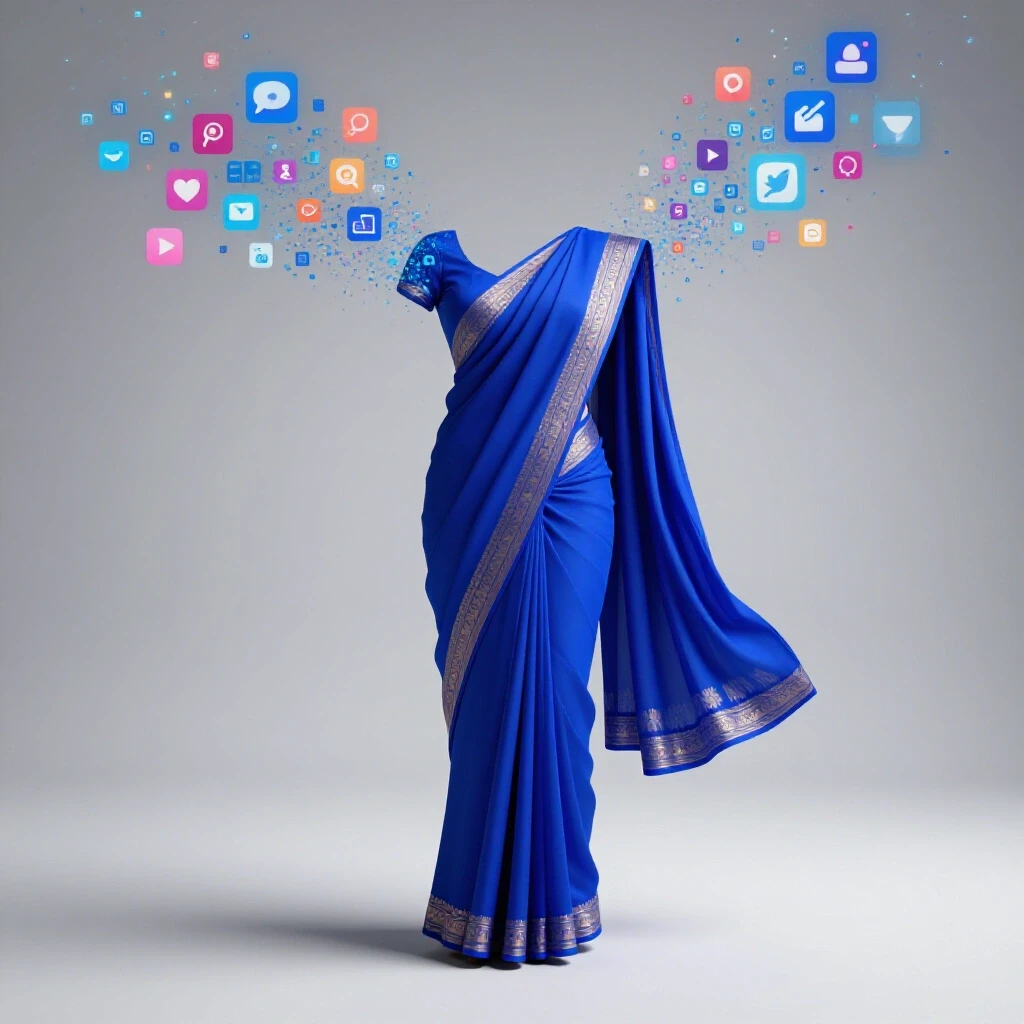 Vibrant saree flowing into digital pixels symbolizing the fusion of fashion and social media marketing.