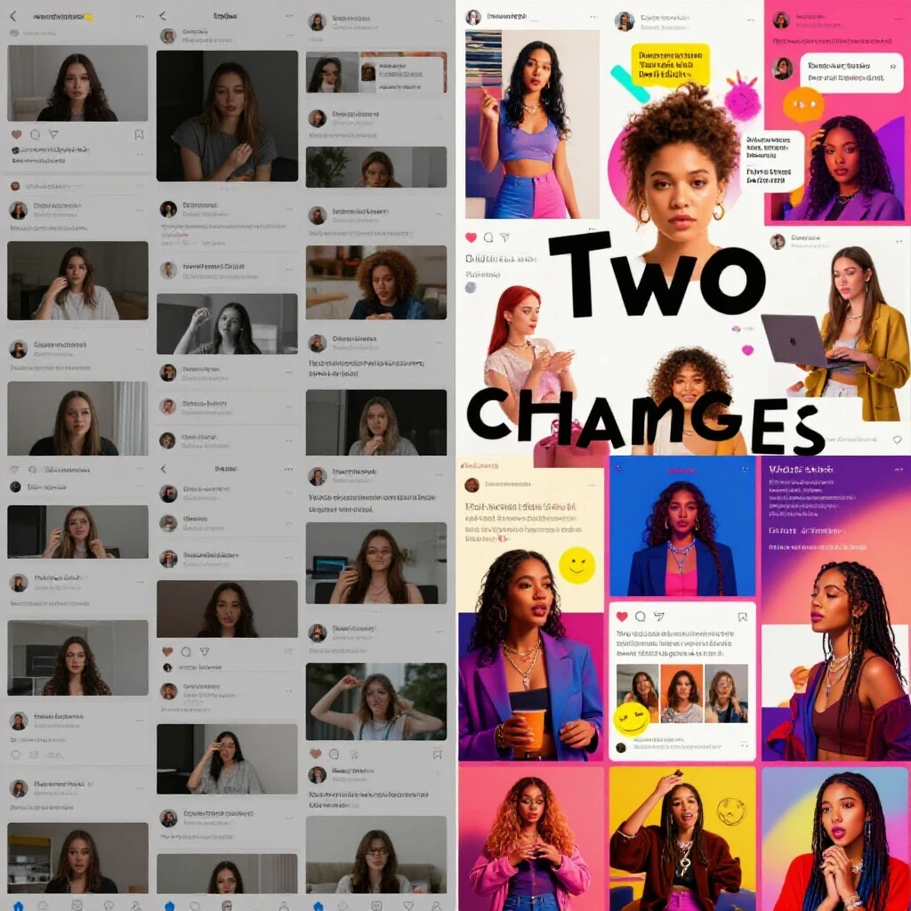 A striking visual contrast between a dull social media feed and vibrant, engaging content representing social media transformation.