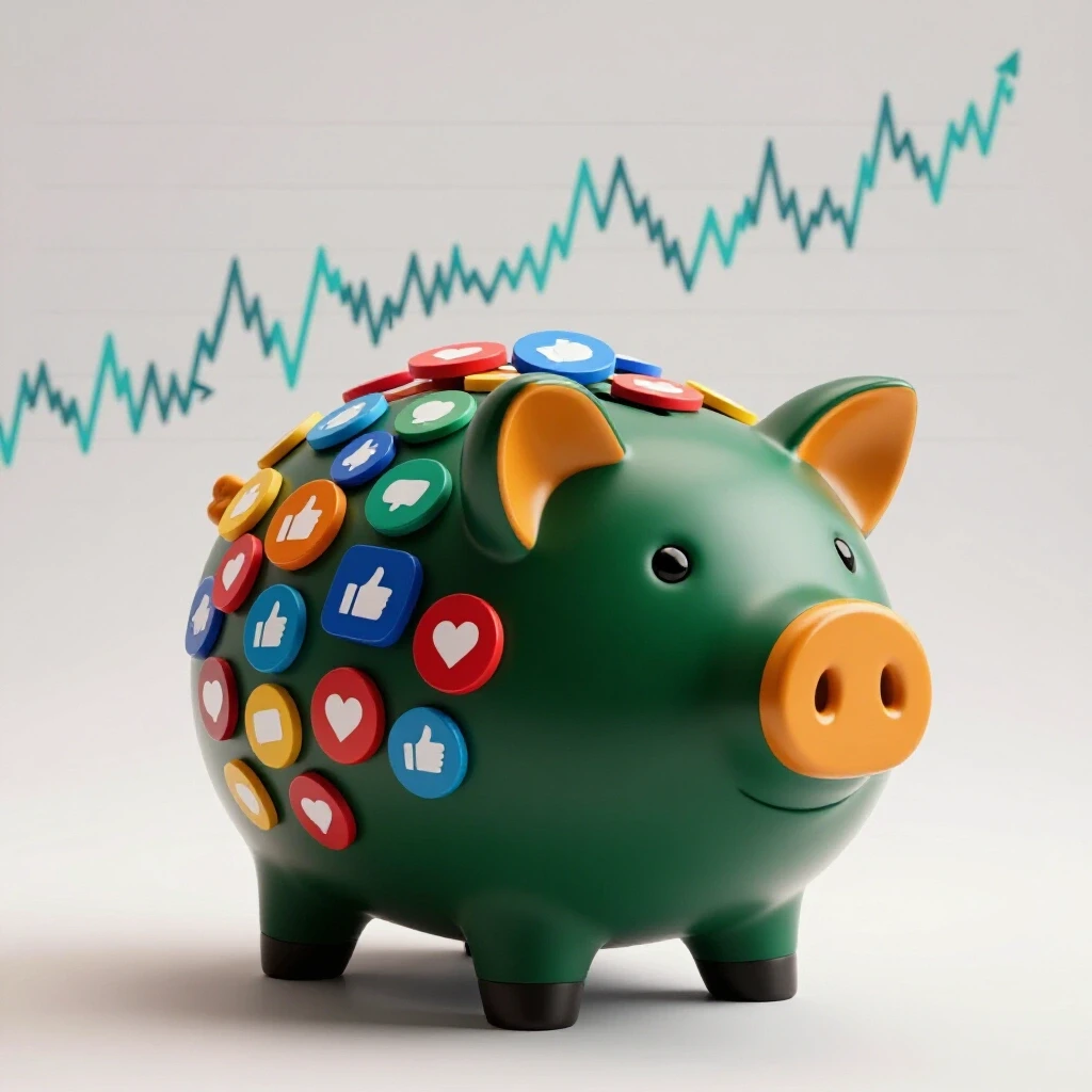 A vibrant piggy bank overflowing with social media icons set against a fluctuating graph line representing ad spend analysis.