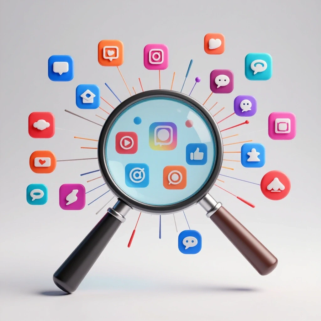 A vibrant magnifying glass focusing on a lively social media network with interconnected platform icons.