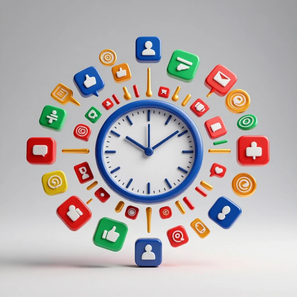 A vibrant clock surrounded by colorful social media icons in a bright studio setting, symbolizing time-efficient growth.