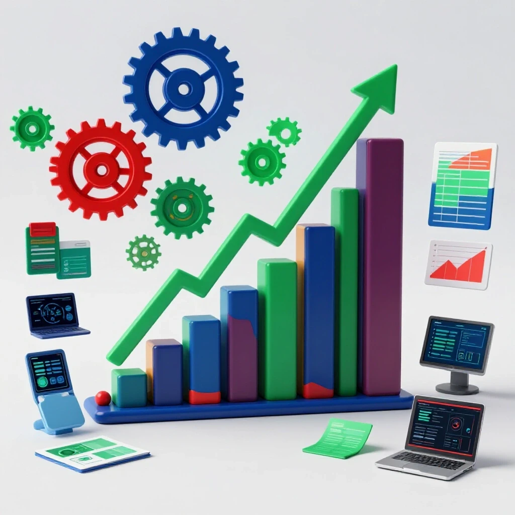 A vibrant benchmark chart illustrating team productivity, surrounded by productivity tools and symbols of growth.