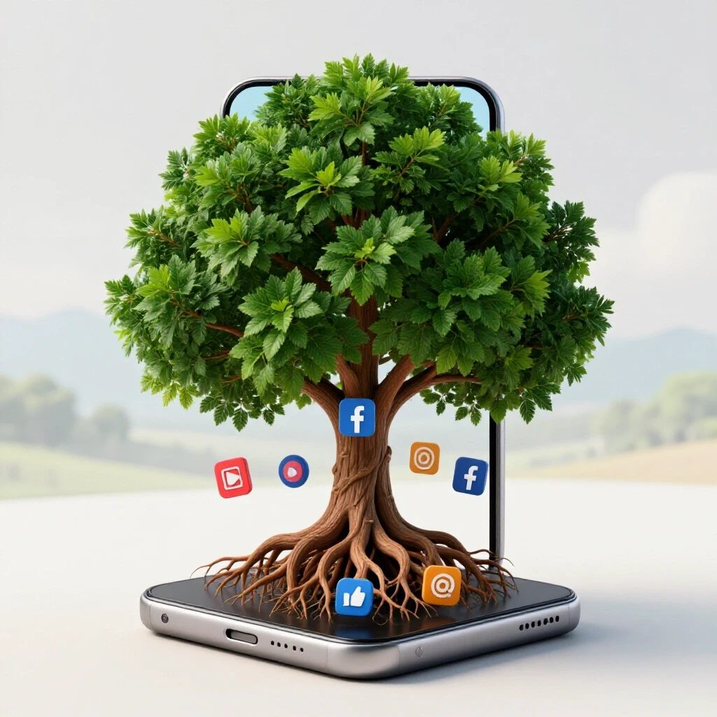 A vibrant tree growing from a smartphone, depicting growth in digital marketing, with roots entwined around social media icons.