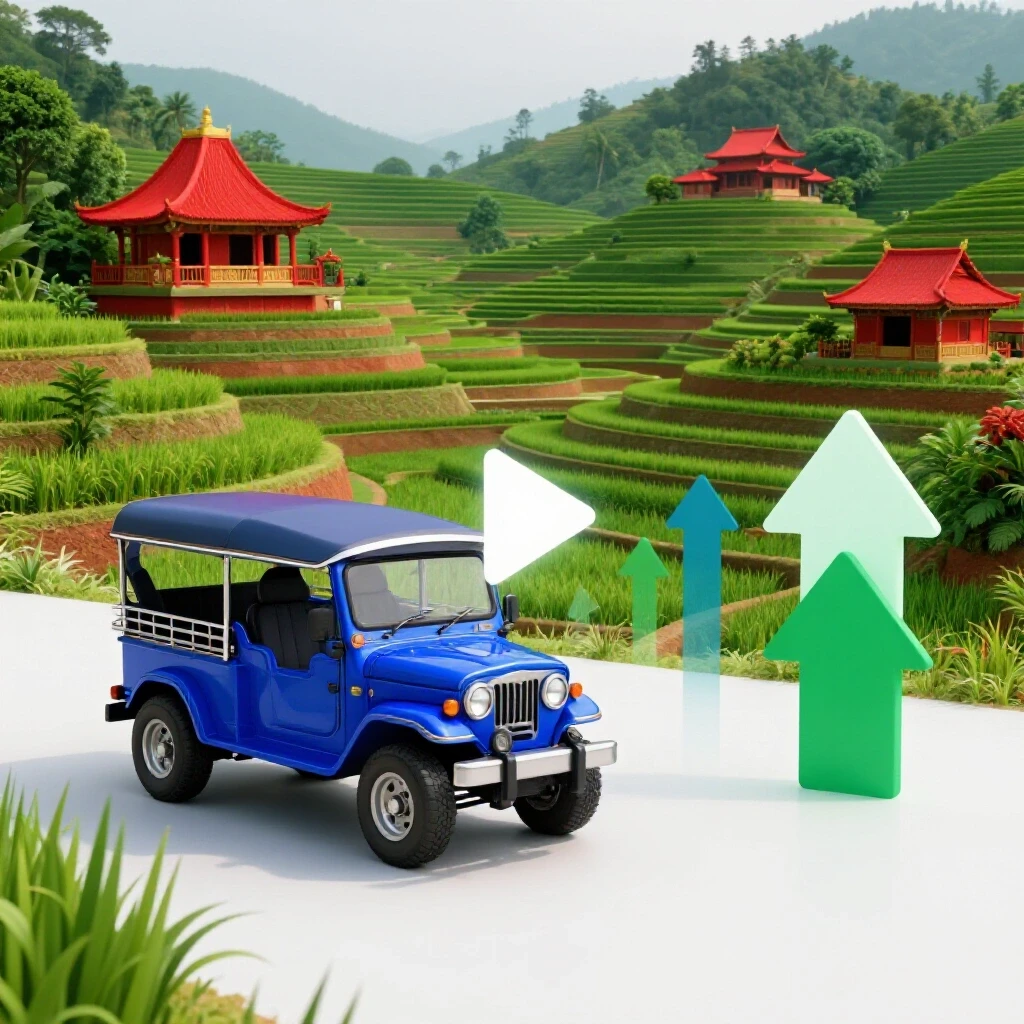 A vibrant fusion of traditional Filipino landscape with rice terraces and jeepney, blended with digital symbols indicating video growth.
