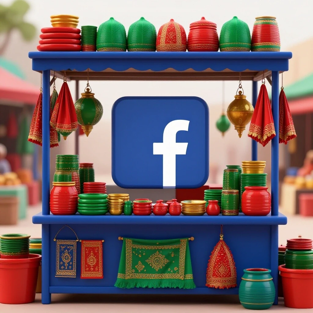 A dynamic street vendor's stall in Bangladesh showcasing local products, with a subtly integrated Facebook logo, against a bright background.