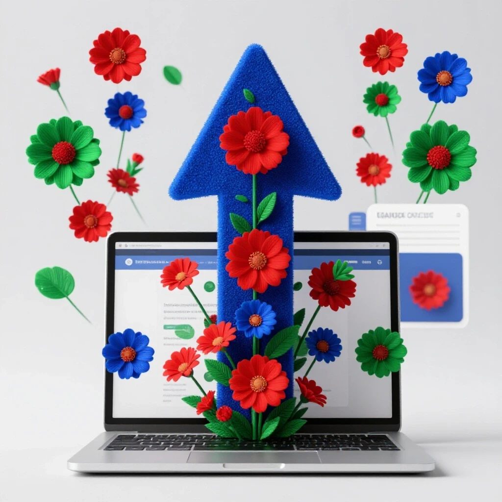 A vibrant upward arrow emerging from a laptop, surrounded by colorful landing page designs symbolizing growth.
