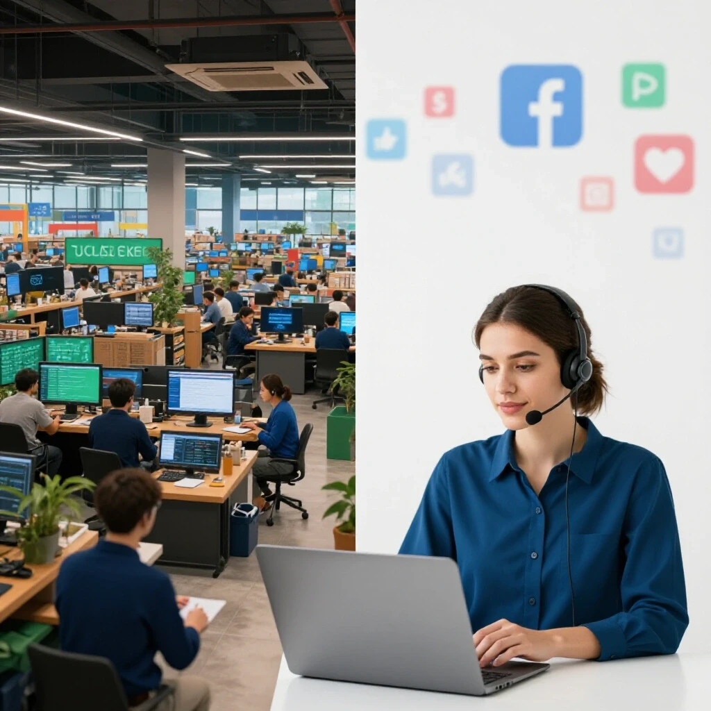 A split image showing a digital marketplace on one side and a calm customer service interaction on the other, symbolizing business growth and care.