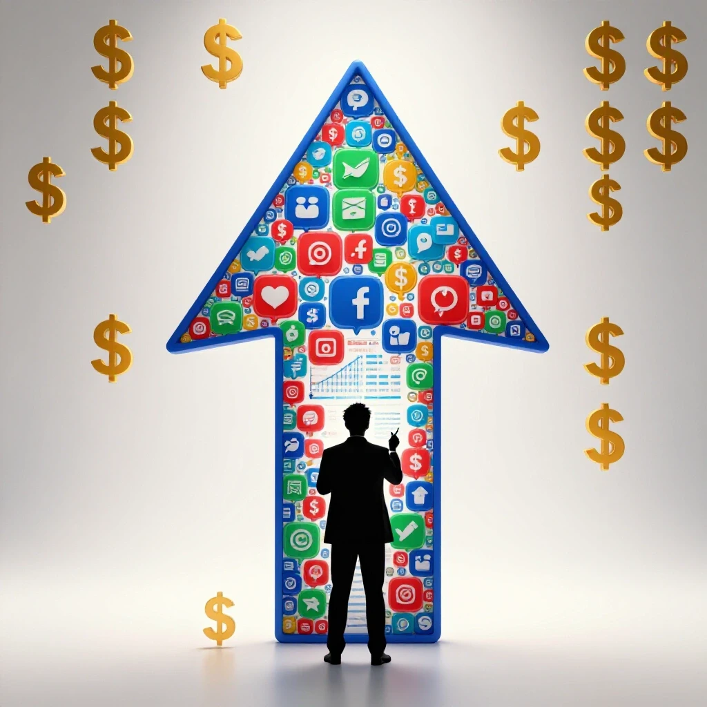 A vibrant upward arrow of social media icons and dollar signs symbolizing growth in Facebook ads.