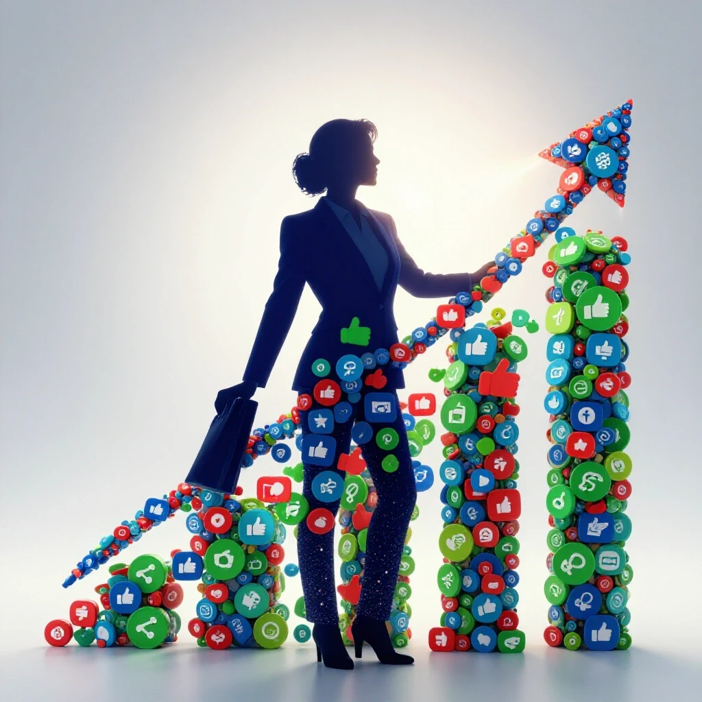 An upward-pointing graph made of social media icons symbolizes growth in Facebook advertising with a business person silhouette.