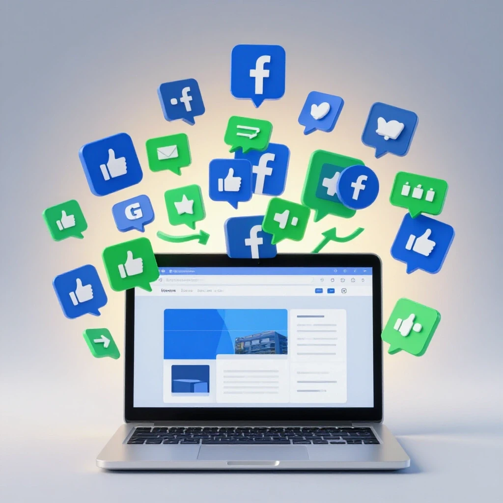 A 3D-rendered laptop displaying a web design, surrounded by colorful Facebook ad icons, symbolizing business growth.