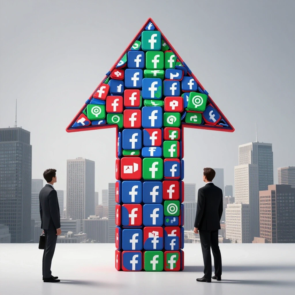 A vibrant arrow made of Facebook logo icons symbolizes growth in a bustling cityscape, depicting business success.