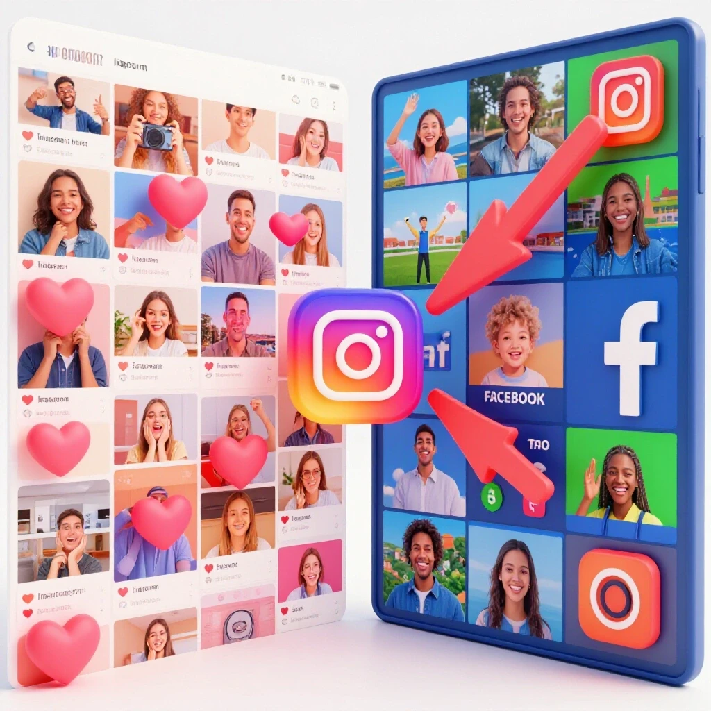 A vibrant image showing a split view of an Instagram feed and Facebook ads, symbolizing social media growth.