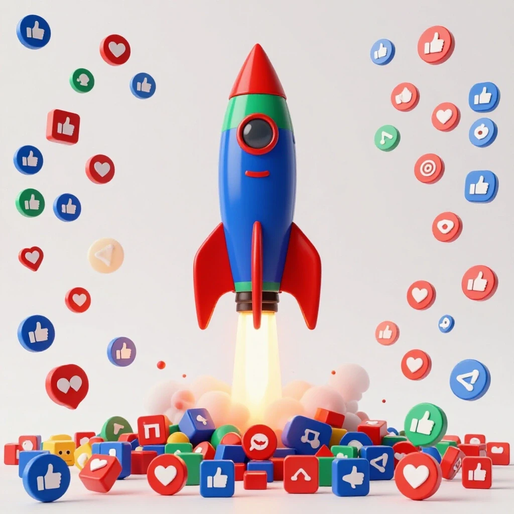 A colorful rocket taking off surrounded by cheering social media icons, symbolizing growth and engagement.