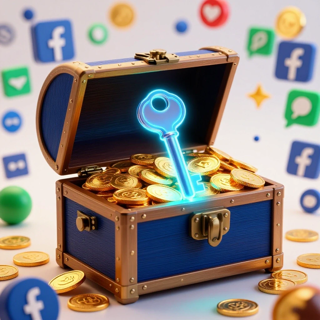 A glowing key unlocking a treasure chest filled with gold coins, against a colorful background of Facebook icons, symbolizing business growth.