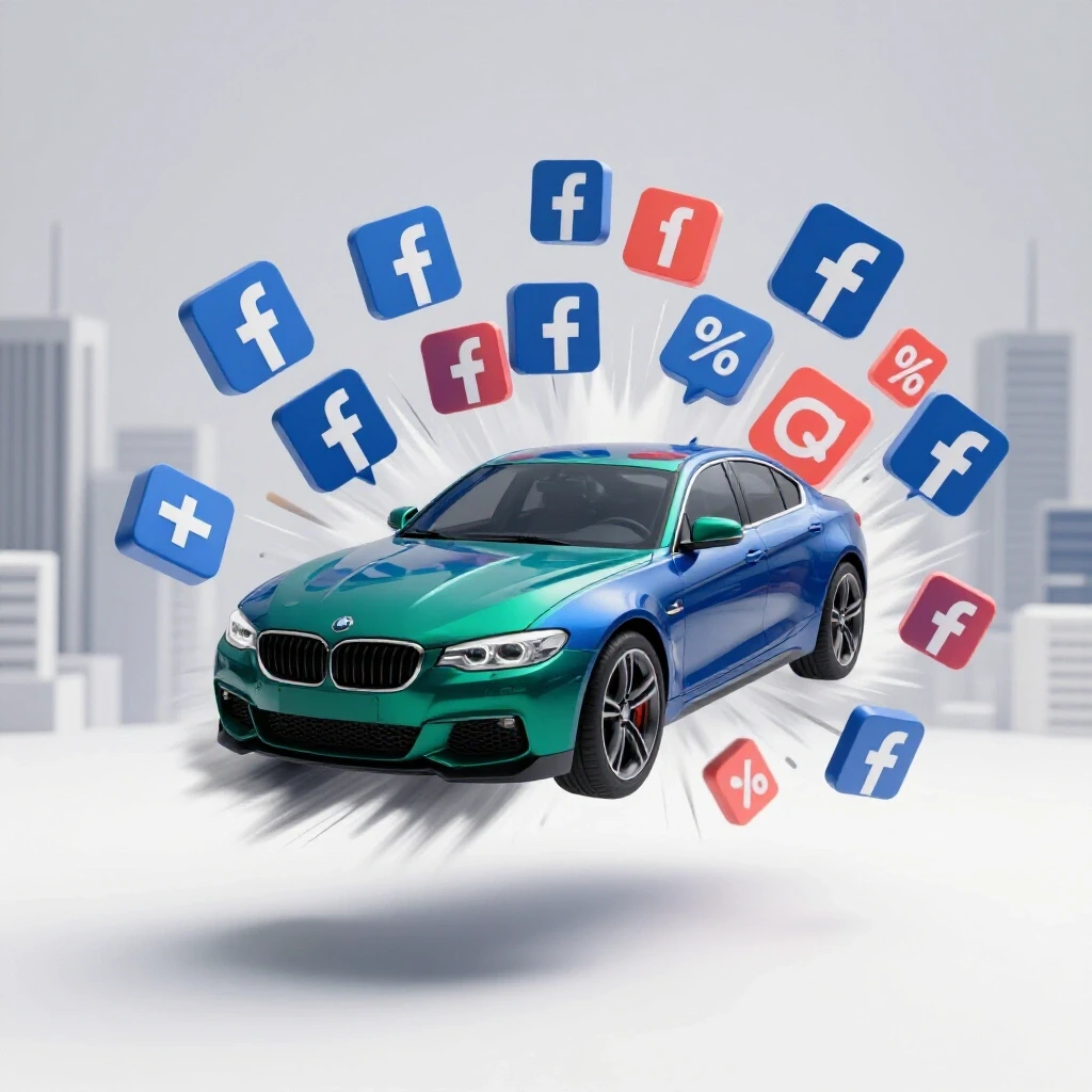 A shiny car surrounded by colorful Facebook icons, symbolizing increased car sales through social media.
