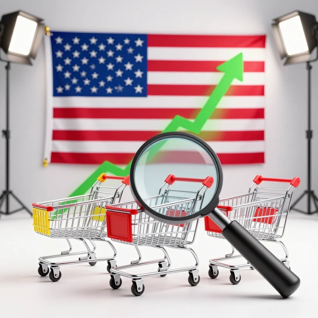 A vibrant upward graph composed of colorful shopping carts with a USA flag background and a magnifying glass studying the graph.