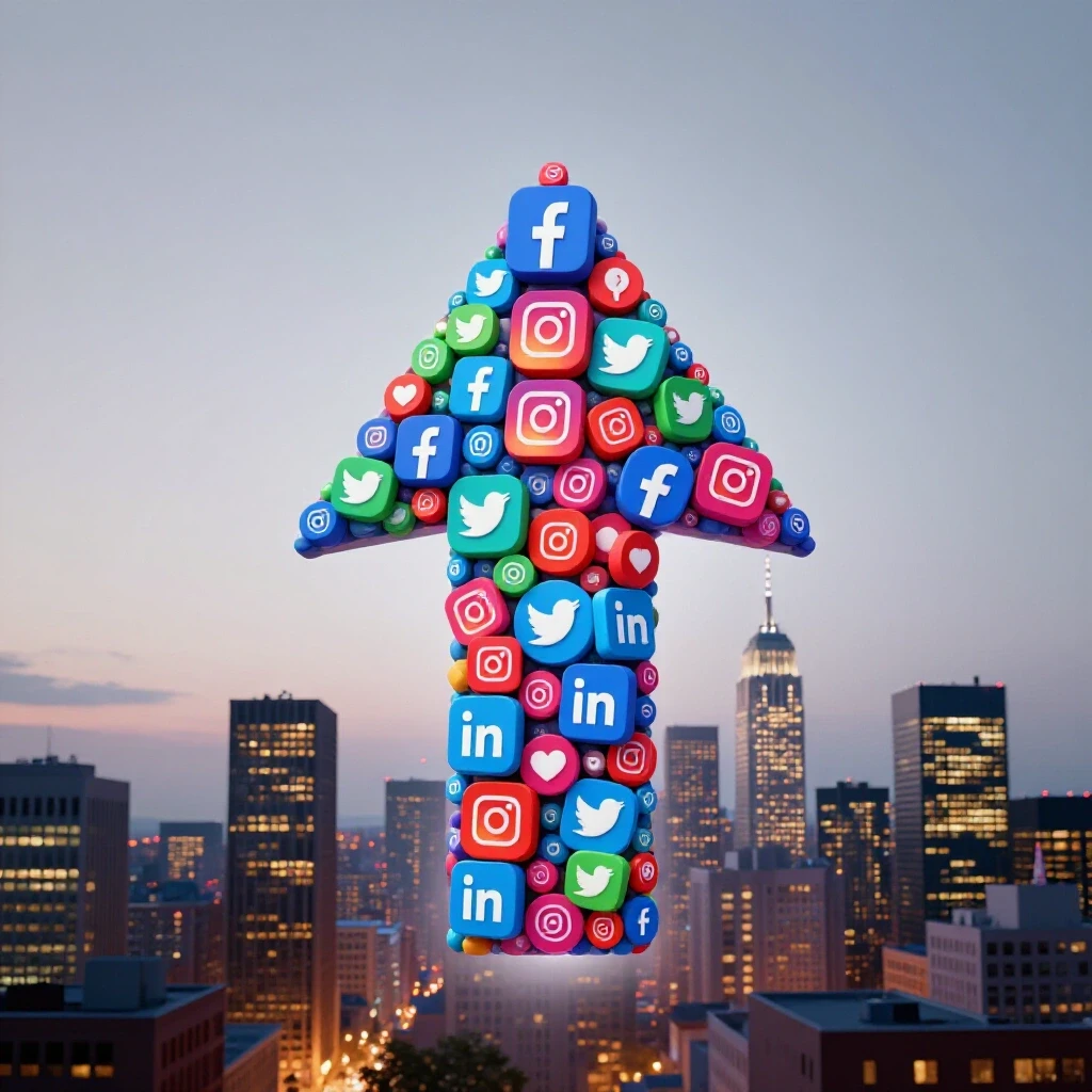 A vibrant upward arrow made of social media icons against a bustling city skyline at dusk, symbolizing growth.