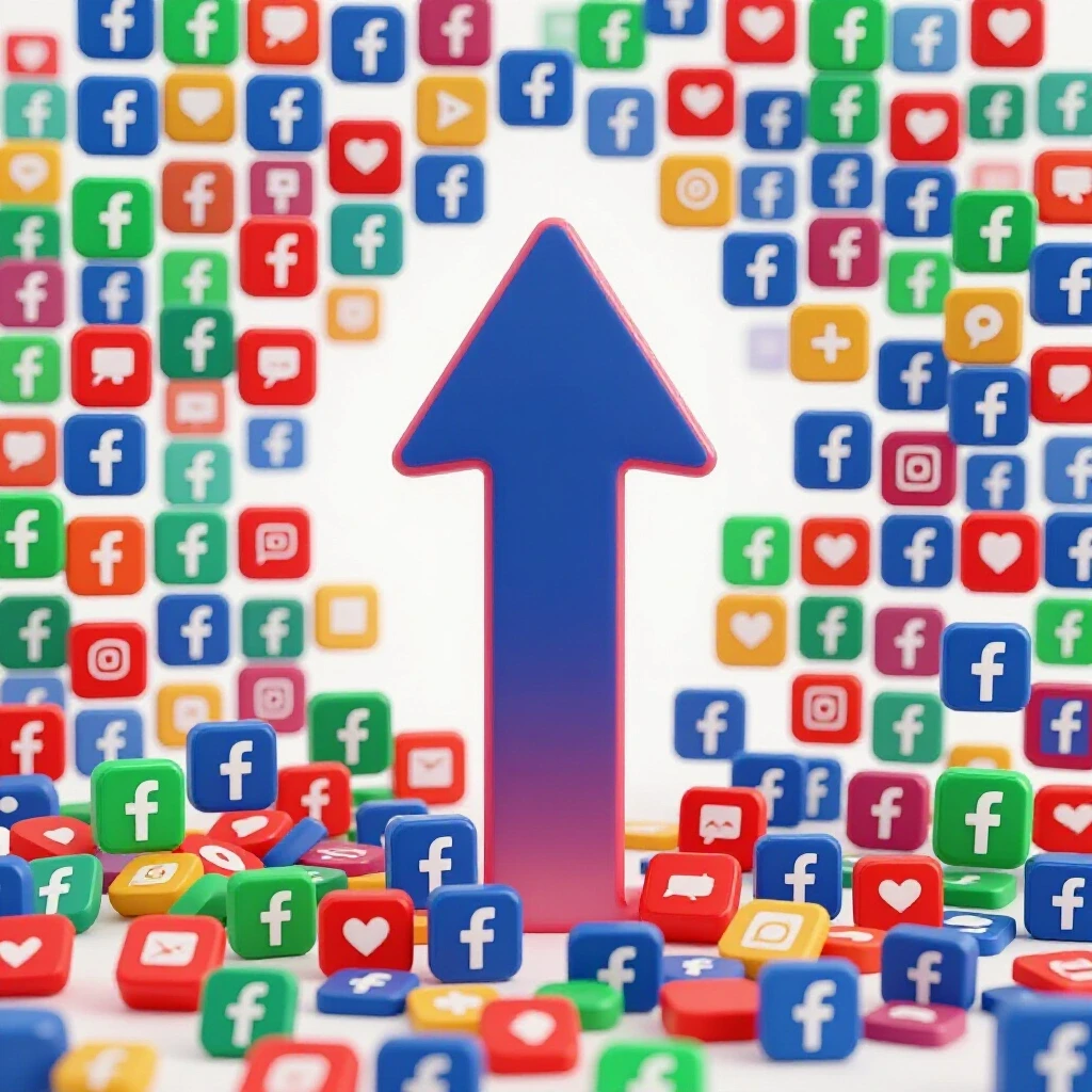 A vibrant upward arrow amidst colorful Facebook ad icons, symbolizing growth in marketing strategies.