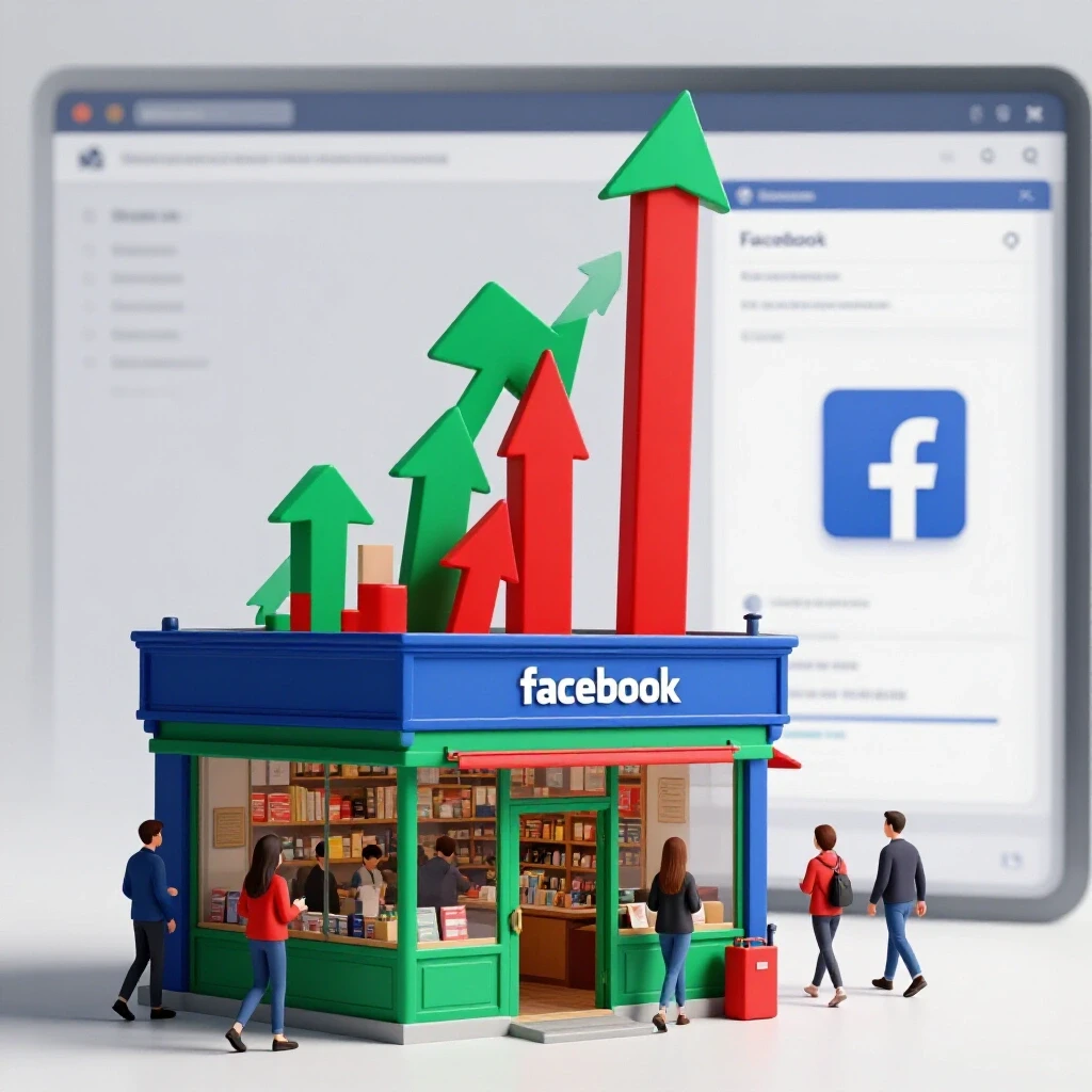 A vibrant storefront with digital Facebook ad metrics showcasing business growth and community engagement.